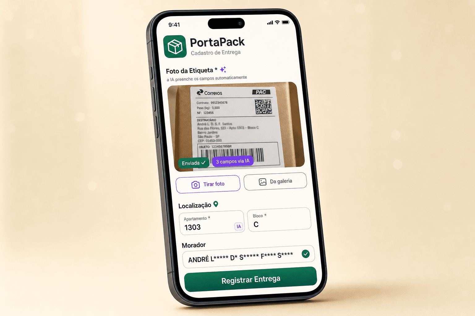 Tela de Cadastro de Entrega do PortaPack — IA reconhece etiqueta automaticamente