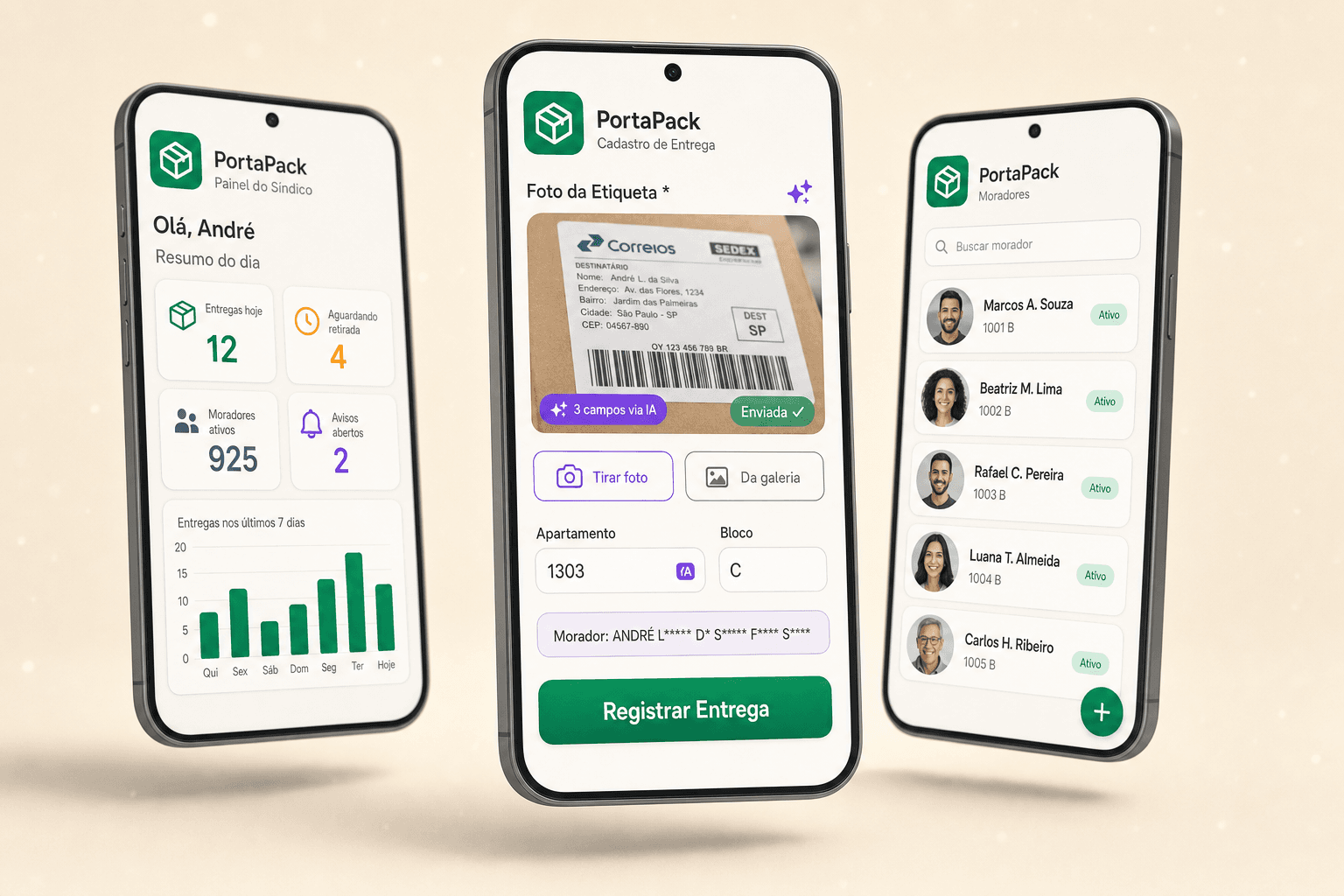 Três telas do PortaPack: Painel do Síndico, Cadastro de Entrega e listagem de Moradores
